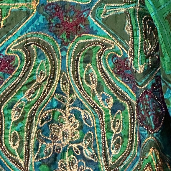 Chico’s women's sz 1 (M/8) green embroidered 100% silk long sleeve bolero jacket - Picture 2 of 6